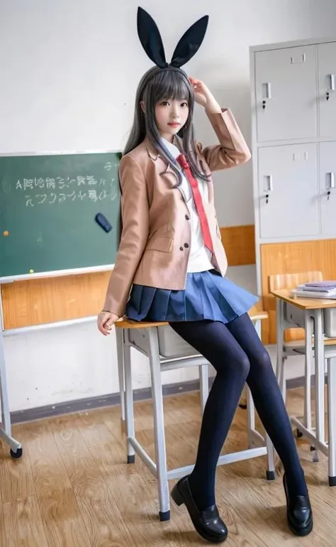 Mai Sakurajima, 1girl, solo, long hair, looking at viewer, bangs, skirt, shirt, black hair, animal ears, sitting, school uniform, jacket, white shirt, pantyhose, pleated skirt, hairband, necktie, shoes, black footwear, rabbit ears, lips, blue skirt, black pantyhose, fake animal ears, chair, blazer, red necktie, loafers, desk, classroom, school desk, on desk <lora:mayi_cosplay_v1:0.7>