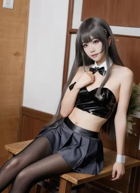 Mai Sakurajima, 1girl, solo, long hair, looking at viewer, bangs, skirt, black hair, brown eyes, sitting, pantyhose,  indoors, black eyes, lips, black pantyhose , <lora:mayi_cosplay_v1:0.7>