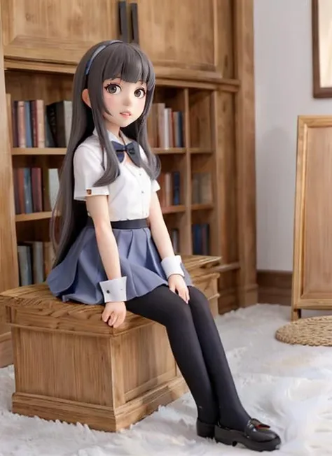 Mai Sakurajima, 1girl, solo, long hair, looking at viewer, bangs, skirt, black hair, brown eyes, sitting, pantyhose,  indoors, black eyes, lips, black pantyhose , <lora:mayi_cosplay_v1:0.7>