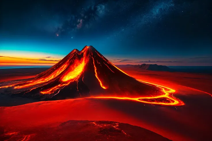 (masterpiece:1.15), (best quality:1.15), (detailed:1.1), (highres:1.1), 50mm lens, f/8, ISO 400, booscapes, nature, sky and ground, Volcanic Island with Glowing Magma, color grading, natural light <lyco:booscapes:0.8>