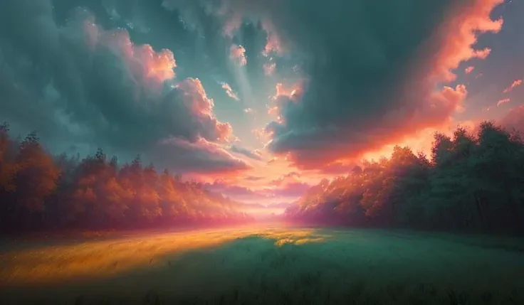 plastic ((masterpiece)), (((best quality))), ((ultra-detailed)),  (Amazing:1.1), beautiful, nature, sky and ground, heavy wind, windsweeped, line cloud,Light shoot from the cloud, in a  temperate lush forest
