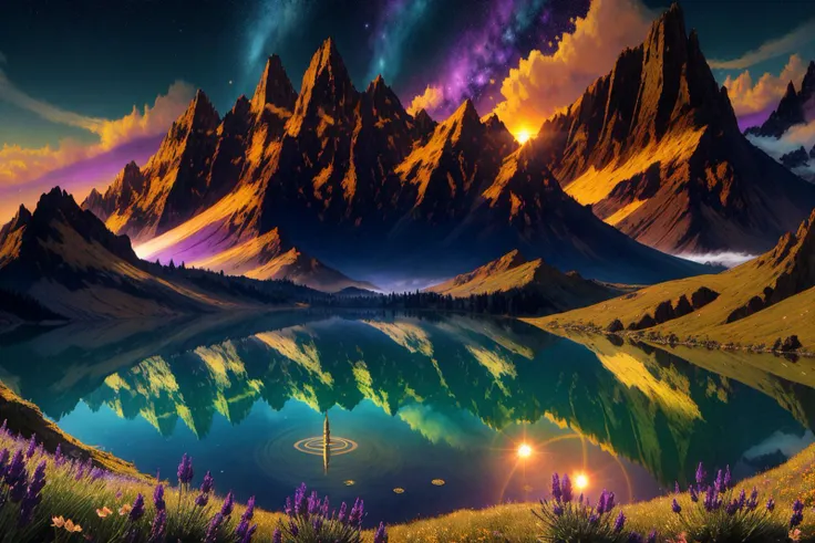A celestial ballet as the sun kisses the horizon, casting hues of lavender and gold over a tranquil alpine lake. with a wonderful interesting alluring location in the background, in cpr style surreal grand Alphonse Mucha