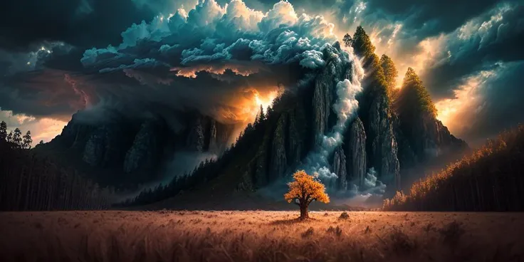 a beautiful masterpiece woman, ((masterpiece)), (((best quality))), ((ultra-detailed)), (Amazing:1.1), beautiful, nature, sky and ground, heavy wind, windswept, line cloud,Light shoot from the cloud, in a temperate lush forest, award winning photo, Canon EOS 5D Mark II booscapes