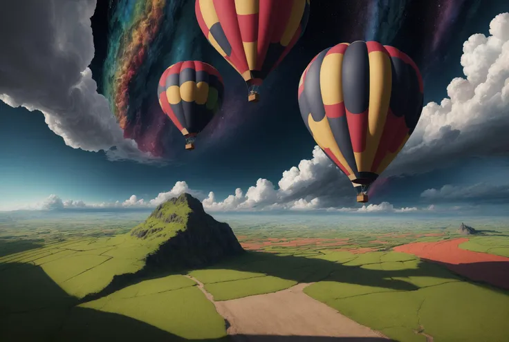 ((masterpiece)), (((best quality))), ((ultra-detailed)), (Amazing:1.1), beautiful, nature, sky and ground, heavy wind, windswept, line cloud,Light shoot from the cloud, A hot air balloon drifting over a patchwork of farmlands., booscapes