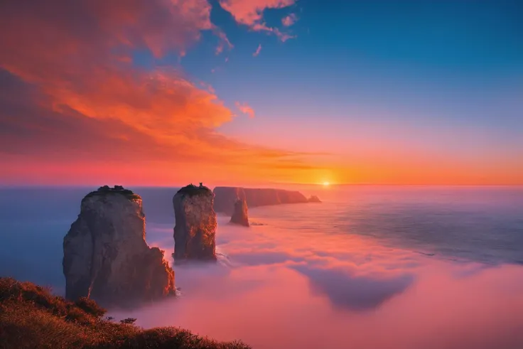(masterpiece:1.15), (best quality:1.15), (detailed:1.1), (highres:1.1), 50mm lens, f/22, ISO 100, booscapes, nature, sky and ground, Ocean Sunset with Fog, stunning clouds, color grading, natural light <lyco:booscapes:1.0>
