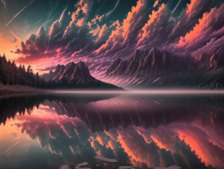 ((masterpiece)), (((best quality))), ((ultra-detailed)), (Amazing:1.1), beautiful, nature, sky and ground, heavy wind, line cloud,Light shoot from the cloud, lake at sunset, muted colors