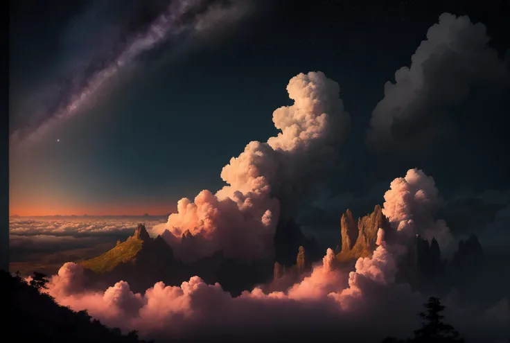 ((masterpiece)), (((best quality))), ((ultra-detailed)), (Amazing:1.1), beautiful, nature, sky and ground, heavy wind, windswept, line cloud,Light shoot from the cloud, A symphony of twilight, where the last vestiges of daylight paint a canvas of coral and amethyst above a silhouetted cityscape., booscapes