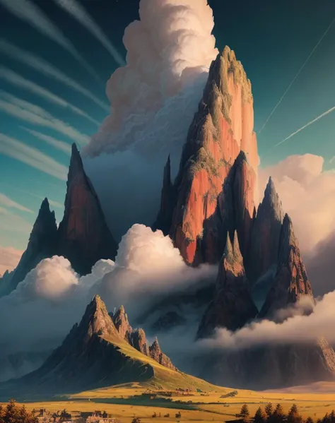 ((masterpiece)), (((best quality))), ((ultra-detailed)), (Amazing:1.1), beautiful, nature, sky and ground, heavy wind, windswept, line cloud,Light shoot from the cloud,a view of a town with a mountain in the background, booscapes