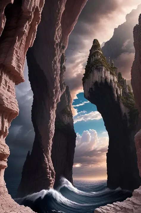 a beautiful masterpiece woman, ((masterpiece)), (((best quality))), ((ultra-detailed)), (Amazing:1.1), beautiful, nature, sky and ground, heavy wind, windswept, line cloud,Light shoot from the cloud, in a deep treacherous gorge, award winning photo, Samsung ST90 booscapes