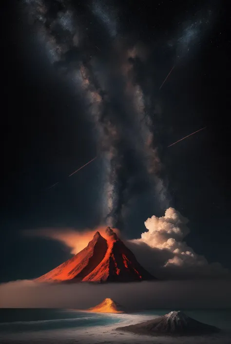 (a volcano erupts:1.37), (volcanoes:1.1),(Background with:Moon,Outer sky) ,Hot magma,Scorched black rock, (Sky volcanic ash),(rolling waves:1.0),Fire red sky,destroy,Epic graphics,shocking effects,,Photography,Barnett S.......,Photorealism,Imaginative,Otherworldly,Image from the work of Darren Aronofsky,Quixel Megascans Render,The picture is from Roger Deakins's work,Bottom view,Beautiful lighting, --AR 9:16 --V 5.2 --Upper Beta --Stop 80