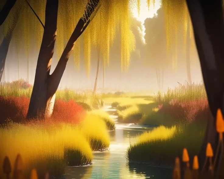 In a dense forest, with green  willows hanging over a stream, rocks in the stream, cattails, bushes, grass, flowers, butterflies. High Contrast, High Saturation, Highly detailed, high quality, masterpiece, rim lighting, volumetric light, vibrant colors, depth of field. <lora:lightV1:1>  <lora:landscapes-6-2023-04-27-120356-6faaedf2:1>
