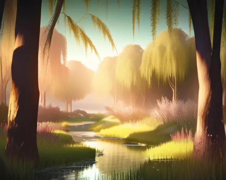 In a dense forest, with green  willows hanging over a stream, rocks in the stream, cattails, bushes, grass, flowers, butterflies. High Contrast, High Saturation, Highly detailed, high quality, masterpiece, rim lighting, volumetric light, vibrant colors, depth of field. <lora:lightV1:1>  <lora:landscapes-6-2023-04-27-120356-6faaedf2:1>