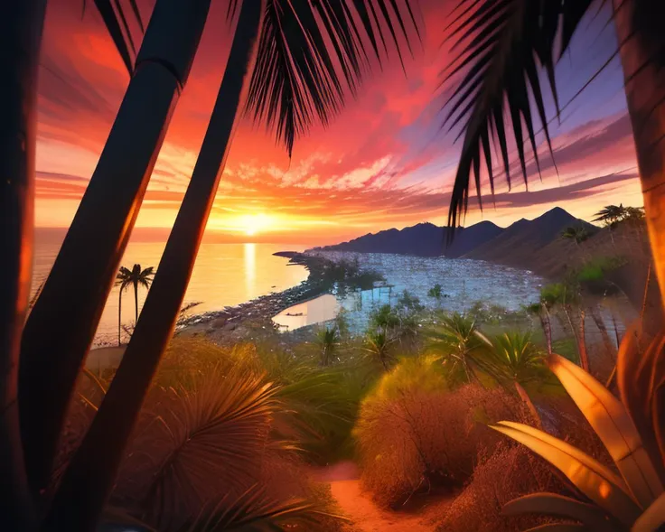 View toward a lush tropical island, calm waves on the beach, palm trees, dense tropical forest on the hillside in the bacground. Dramatic reg orange sunset.
High Contrast, High Saturation, Highly detailed, high quality, masterpiece, volumetric light, light rays, vibrant colors, depth of field.
<lora:landscapes-6-2023-04-27-120356-6faaedf2:0.8>
<lora:lightV1:1>