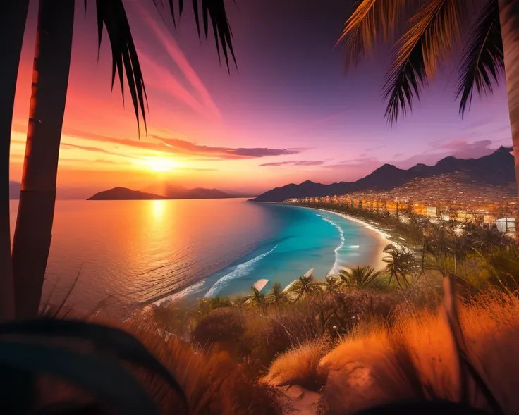 View toward a lush tropical island, calm waves on the beach, palm trees, dense tropical forest on the hillside in the bacground. Dramatic reg orange sunset.
High Contrast, High Saturation, Highly detailed, high quality, masterpiece, volumetric light, light rays, vibrant colors, depth of field.
<lora:landscapes-6-2023-04-27-120356-6faaedf2:0.8>
<lora:lightV1:1>