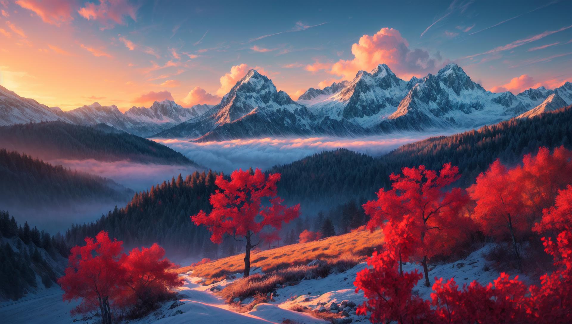 A view of a mountain range with a few trees in the foreground - SeaArt AI