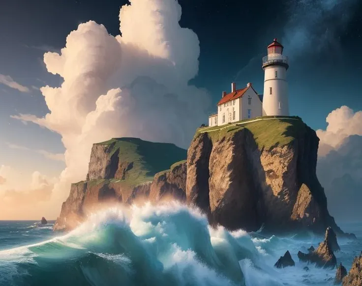 ((masterpiece)), (((best quality))), ((ultra-detailed)), (Amazing:1.1), beautiful, nature, sky and ground, heavy wind, windswept, line cloud,Light shoot from the cloud, A coastal cliffside with crashing waves and a lighthouse., booscapes
