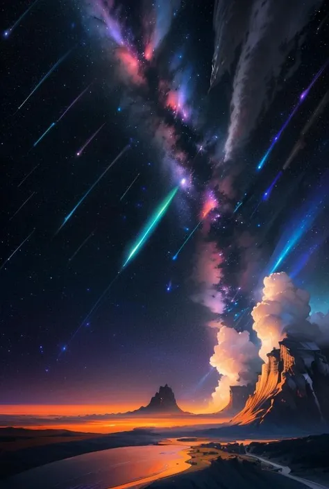 ((masterpiece)), (((best quality))), ((ultra-detailed)), (Amazing:1.1), beautiful, nature, sky and ground, heavy wind, windswept, line cloud,Light shoot from the cloud, The cosmic embrace of a meteor shower, painting streaks of stardust across the velvety expanse of an indigo night sky., booscapes