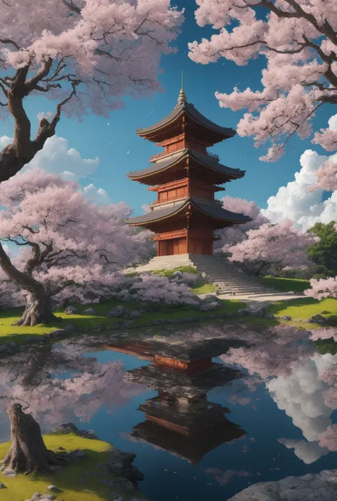 ((masterpiece)), (((best quality))), ((ultra-detailed)), (Amazing:1.1), beautiful, nature, sky and ground, heavy wind, windswept, line cloud,Light shoot from the cloud, A cascading crescendo of petals, a cherry blossom blizzard swirling around a stone pagoda in a tranquil Zen garden., booscapes