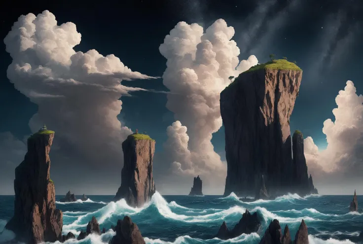((masterpiece)), (((best quality))), ((ultra-detailed)), (Amazing:1.1), beautiful, nature, sky and ground, heavy wind, windswept, line cloud,Light shoot from the cloud, a large rock in the middle of the ocean, booscapes