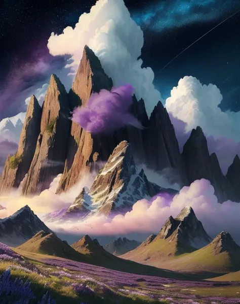 ((masterpiece)), (((best quality))), ((ultra-detailed)), (Amazing:1.1), beautiful, nature, sky and ground, heavy wind, windswept, line cloud,Light shoot from the cloud,a view of a mountain range with purple flowers in front, booscapes