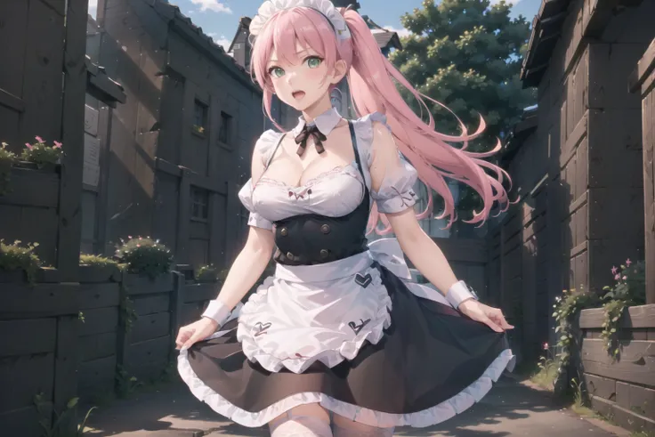 extremely detailed CG unity 8k wallpaper, realistic, hand by Guido Daniele,green eyes, pink hair, false smile,
1girl, solo, maid headdress, maid, blush, apron,  white thighhighs, looking at viewer, dress, detached sleeves, bangs, collarbone, waist apron, maid apron, open mouth, frills, bare shoulders, wrist cuffs,  short sleeves, puffy sleeves, blue dress, standing,closed mouth, outdoors, petticoat,  pink hair, maid apron, Maid outfit,ponytail, nasty expression,looking at viewer, <lyco:GoodHands-beta2:1.0>, nice hands, perfect hands,