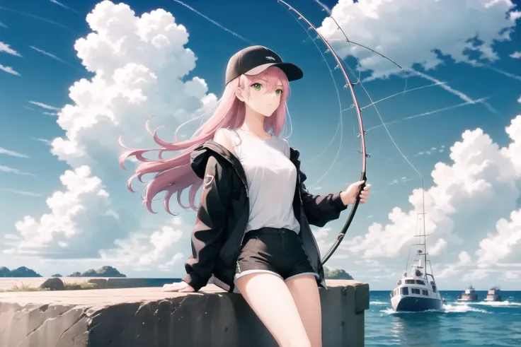 1girl, fish, pink hair, long hair, shirt, hat, jacket, shorts, white shirt,  outdoors, green eyes, holding, solo, black shorts, sky, day, black headwear, fishing rod, open jacket, black jacket, open clothes, blue sky, cowboy shot, baseball cap, bangs, short shorts, long sleeves, fishing, hair between eyes, cloud, holding fishing rod, standing, breakwater, nice hands, perfect hands, sitting by the embankmen, <lyco:GoodHands-beta2:0.9>, a professional photography of a Beauty with [silver|blue]hair wear suit walking on street