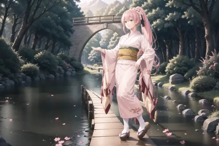 extremely detailed CG unity 8k wallpaper, realistic, hand by Guido Daniele
<lora:realistic_kimono_clothes:0.7>, wearing kimono_clothes, wooden bridge, sakuramon, wreath,lace-trimmed kimono, stone brick road, wet road, clogs, two toe socks, ponytail,pink hair,green eyes, nice hands, perfect hands, <lyco:GoodHands-beta2:1.0>