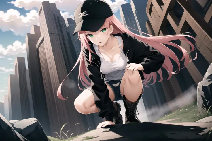 ((masterpiece)), (((best quality))), ((ultra-detailed)), ((illustration)), finely detail, extremely detailed CG unity 8k, highres, beautiful detailed eyes, finely detail, squint
1girl, long hair, pink hair, green eyes, hat, shorts, shirt, baseball cap, jacket, white shirt, looking at viewer, breasts, open clothes, black headwear, outdoors, standing, bangs, solo focus, short shorts, black jacket, collarbone, medium breasts, boots, black shorts, open jacket, from above, closed mouth, long sleeves, hood,from below, nice hands, perfect hands, <lyco:GoodHands-beta2:1.0>, Painful expression, palm discharge, superpower, sharp eyes, squat down