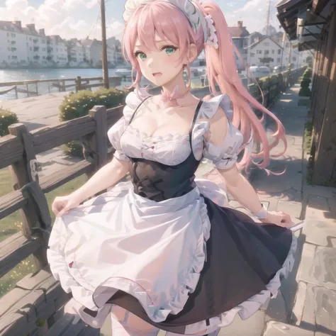 extremely detailed CG unity 8k wallpaper, realistic, hand by Guido Daniele,green eyes, pink hair, false smile, 
1girl, solo, maid headdress, maid, blush, apron,  white thighhighs, looking at viewer, dress, detached sleeves, bangs, collarbone, waist apron, maid apron, open mouth, frills, bare shoulders, wrist cuffs,  short sleeves, puffy sleeves, blue dress, standing,closed mouth, outdoors, petticoat,  pink hair, maid apron, Maid outfit,ponytail, nasty expression,looking at viewer, <lyco:GoodHands-beta2:1.0>, nice hands, perfect hands,