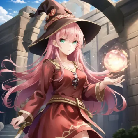 ((masterpiece)), (((best quality))), ((ultra-detailed)), ((illustration)), finely detail, extremely detailed CG unity 8k, highres, {beautiful detailed eyes}, finely detail,
1girl, long hair, pink hair, green eyes, <lora:megustume-15:0.7> megustume, witch hat, red dress, long sleeve, holding a wand, castle, outdoors,