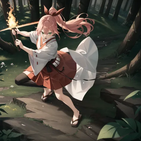 extremely detailed CG unity 8k wallpaper, realistic, hand by Guido Daniele, ponytail,
1girl, pink hair, japanese clothes, solo, green eyes, skirt, hakama, long hair, wide sleeves, hakama skirt, standing, kimono, sandals, ribbon, looking at viewer, red hakama, hair ribbon, nontraditional miko, miko, in the forest at night, holding a flaming sword,, nice hands, perfect hands, <lyco:GoodHands-beta2:1.0> , top view, angry expression