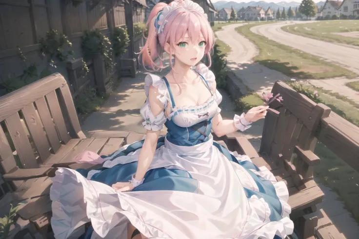 extremely detailed CG unity 8k wallpaper, realistic, hand by Guido Daniele,green eyes, pink hair, false smile,
1girl, solo, maid headdress, maid, blush, apron, white thighhighs, looking at viewer, dress, detached sleeves, bangs, collarbone, waist apron, maid apron, open mouth, frills, bare shoulders, wrist cuffs, short sleeves, puffy sleeves, blue dress, standing,closed mouth, outdoors, petticoat, pink hair, maid apron, Maid outfit,ponytail, nasty expression,looking at viewer, <lyco:GoodHands-beta2:1.0>, nice hands, perfect hands,