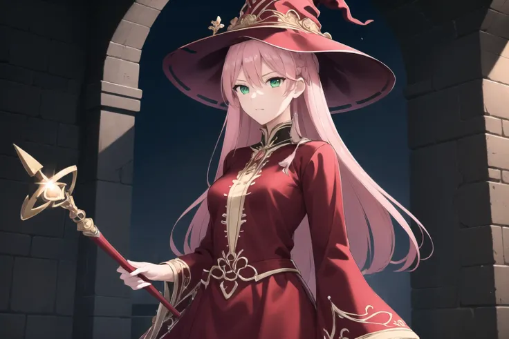 ((masterpiece)), (((best quality))), ((ultra-detailed)), ((illustration)), finely detail, extremely detailed CG unity 8k, highres, {beautiful detailed eyes}, finely detail, green eyes,
1girl, long hair, pink hair, green eyes, <lora:megustume-15:0.7> megustume, witch hat, red dress, long sleeve, holding a wand, castle, outdoors,, nice hands, perfect hands, <lyco:GoodHands-beta2:1.0>