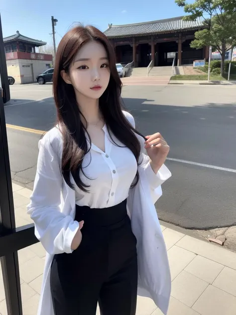 <lora:koreanDollLikeness_v15:0.7>, ultra detailed, RAW photo,best quality, (realistic:1.2), 1 korean, 16k, realistic photography, professional color graded, physically based rendering, highres, b-cup, hair wave, Suwon Hwaseongmun Gate, front, casual suit, f 2.4, 35mm