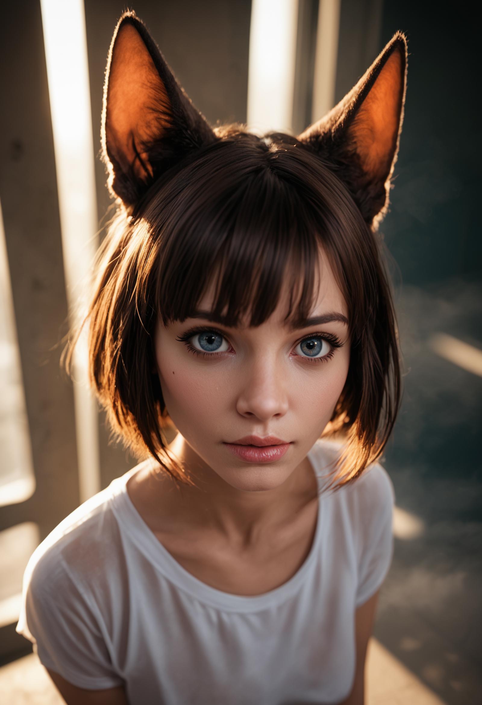 A close up of a woman with a cat ear and a white shirt - SeaArt AI