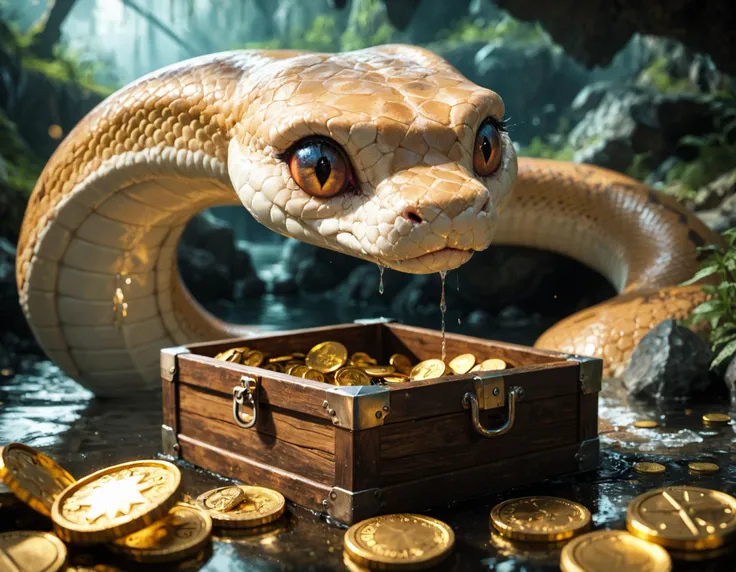 cinematic film still score_9, score_8_up, score_7_up, (photorealistic:1.4), (one giant snake:1.1), in  a crystal cave, glowing crystal , wet rock, puddle of water, light speckle, open treasure chest, coins, dark, low light, low key,  . shallow depth of field, vignette, highly detailed, high budget, bokeh, cinemascope, moody, epic, gorgeous, film grain, grainy