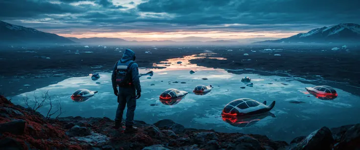 score_9, score_8_up, score_7_up, landscape cinematic film still Industrial icebergs, drifting in a cold digital sea, penguins coded into existence. 8k, cold blue, serene, reflective waters, surreal.high budget, bokeh, cinemascope, moody, epic, gorgeous, film grain, grainy