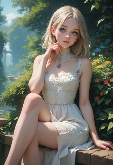 score_9, score_8_up, score_7_up, source_anime, highly detailed, 1girl, outdoors, closeup portrait, sitting, legs crossed, white light dress, detailed dress ornament, bright blue eyes, highly detailed face, skin imperfections