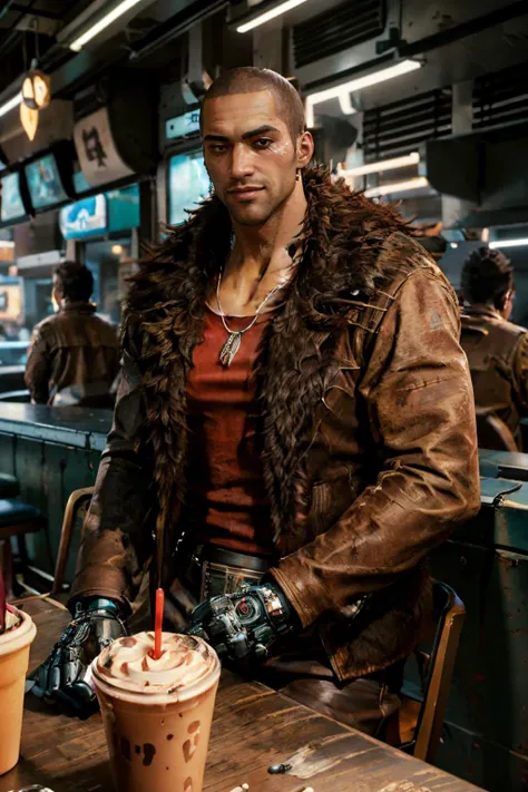 wolfensteinblazko wearing a leather coat standing in a bar, ultra realistic, realistic skin details, wallpaper, intricate, sharp focus, ray tracing, rtx, professionally color graded, professional photography, masterpiece, ultra detailed, high quality, best quality, 4k, 8k, raw <lora:wolfensteinblazko:0.5> <lora:add_detail:0.1>
