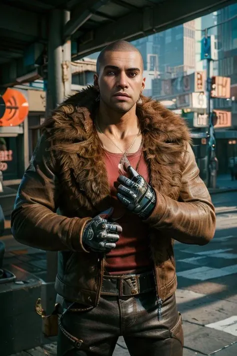 river_ward, muscles, earring, jacket, fur trim, realistic, right hand prothesis, cybernetic eye, street, daylight, <lora:river_ward-60:0.6>