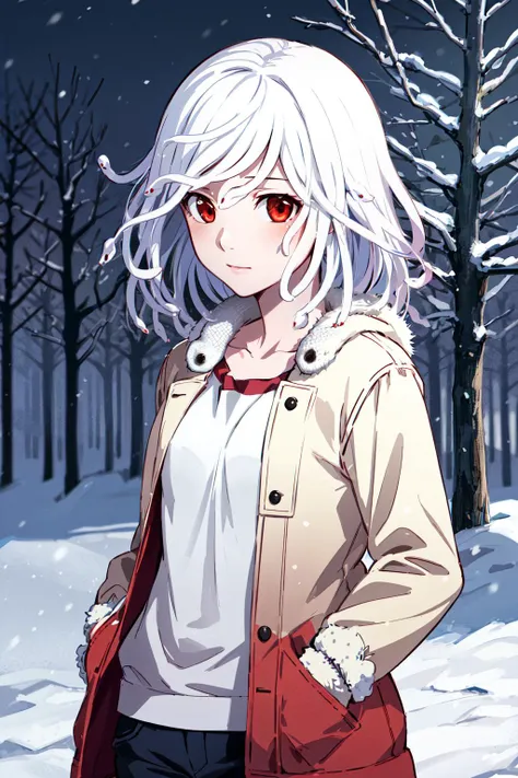 masterpiece, best quality, highres, bbnadeko, white hair, (snake hair:1.3), red eyes, albino, <lora:sengoku_nadeko_v1:0.9>, winter clothes, snow, upper body, hand in pocket,