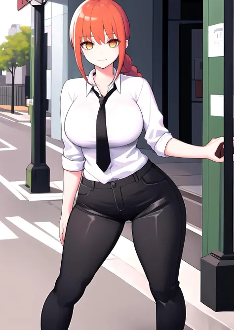 <lora:GoodHands-beta2:1> 1girl, <lora:makima_offset:1> makima \(chainsaw man\), standing, red hair, long braided hair, golden eyes, bangs, white shirt, necktie, stare, smile, ringed eyes, black necktie, closed mouth, wide hips, cowboy shot, large breasts,  outdoors, black pants, 
<lora:kruth666-08:1>