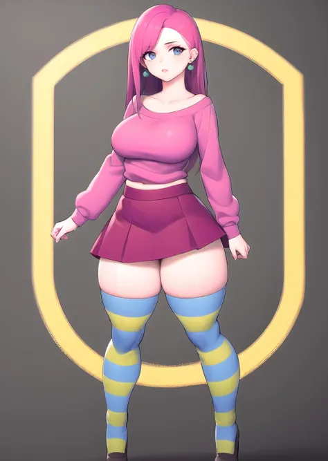 <lora:GoodHands-beta2:1> 1girl,  <lora:partygirl-nvwls-v1:0.8> pgirl, earrings, pink sweater, pink skirt, striped thighhighs thick thighs, 
<lora:kruth666-08:1>