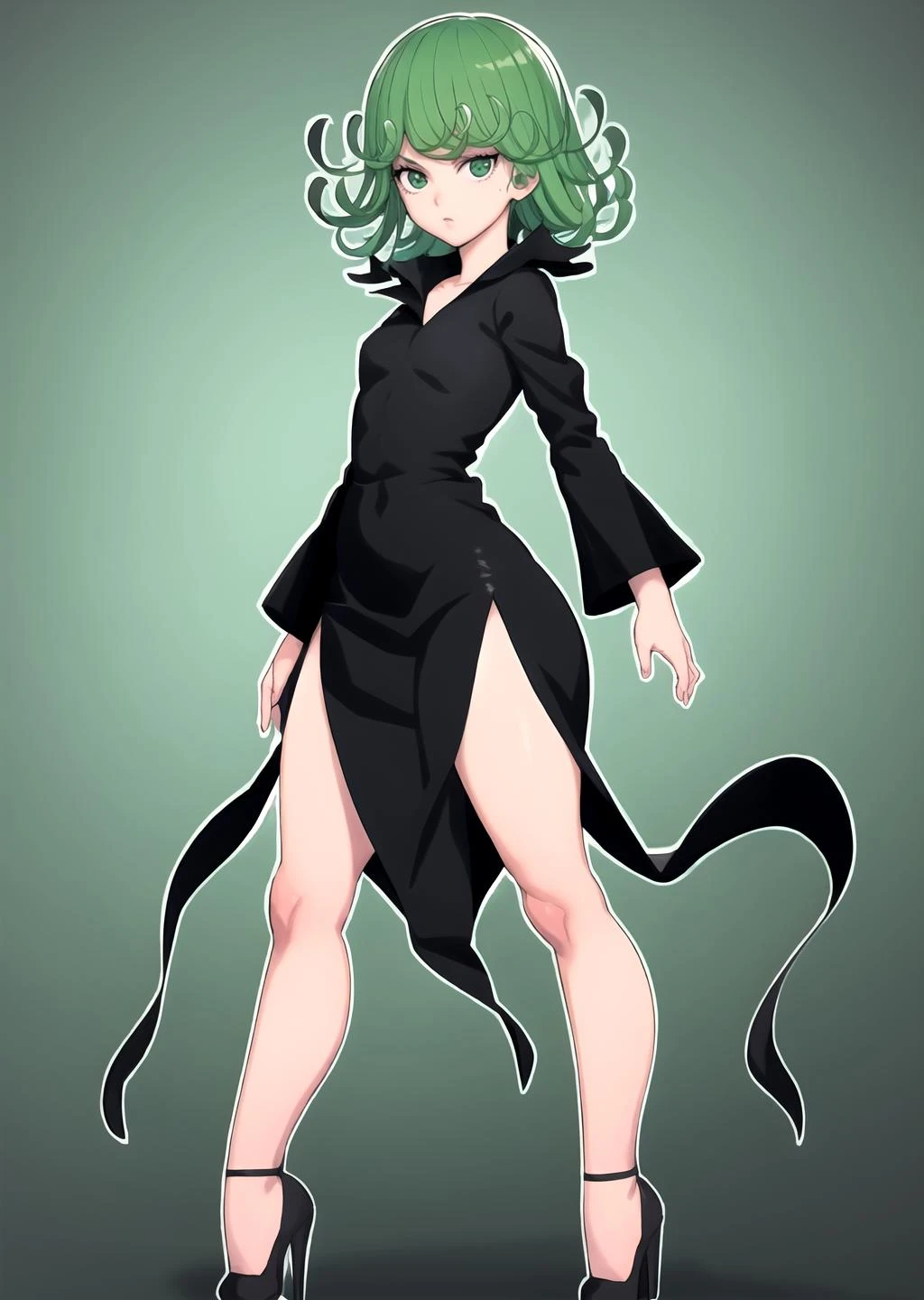 <lora:GoodHands-beta2:1> 1girl, <lora:tatsumaki-ALK:0.9> tatsumaki, black dress, solo, petite, standing, high heels, full body,
<lora:kruth666-08:1>