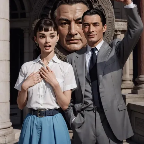 masterpiece,high quality,realistic,Bocca della Verità,
<lora:audreyhepburn002:0.5>,
ADDBASE,2 people,surprised,shouting,open mouth,put your hands on your chest,
Bocca della Verità,
audreyhepburn,1girl,
White collared shirt,
belt,blue long skirt,
ADDCOL,2 people,smile,open mouth,arm up,
Bocca della Verità,
gregorypeck,1man,
formal,suit,necktie,