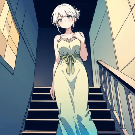 1girl,
best quality,masterpiece,(solo),(close up),bright white hair,(haf updo),gray eyes,floating hair,(raise),night gown,(gown_\\(White and green gradient color\\):1.2),bare shoulders,in palace,hall,stair railing,sunlight,from below,