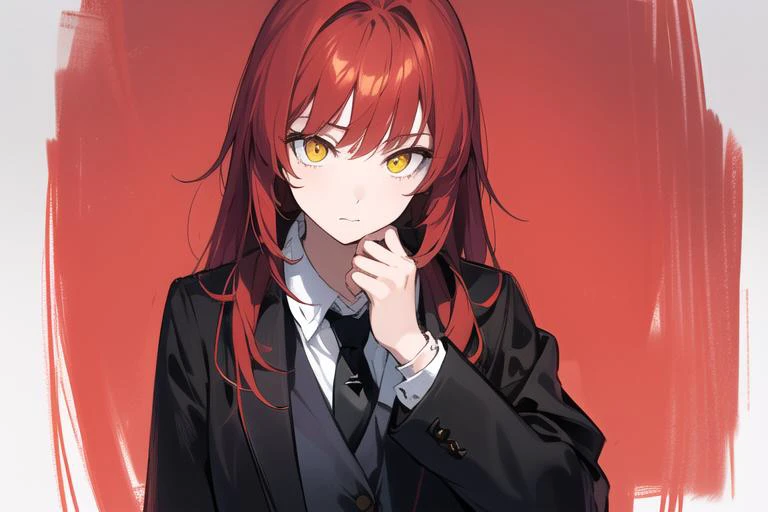 masterpiece, best quality, 1girl, black jacket, black necktie, collared shirt, formal, jacket, long hair, looking at viewer, necktie, yellow eyes, red hair, red theme, ringed eyes, shirt, simple background, solo, suit, white background, white shirt, closed mouth, <lyco:GoodHands-beta2:1>, nice hands, perfect hands, (masterpiece, exceptional, best aesthetic, best quality, masterpiece, extremely detailed:1.2), <lyco:dinov2-10:0.6>, (sketch:1.1)