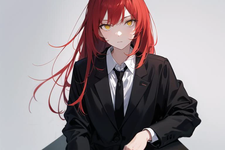 masterpiece, best quality, 1girl, black jacket, black necktie, collared shirt, formal, jacket, long hair, looking at viewer, necktie, yellow eyes, red hair, red theme, ringed eyes, shirt, simple background, solo, suit, white background, white shirt, closed mouth, (masterpiece, exceptional, best aesthetic, best quality, masterpiece, extremely detailed:1.2), <lyco:dinov2-10:0.6>, (sketch:1.1)