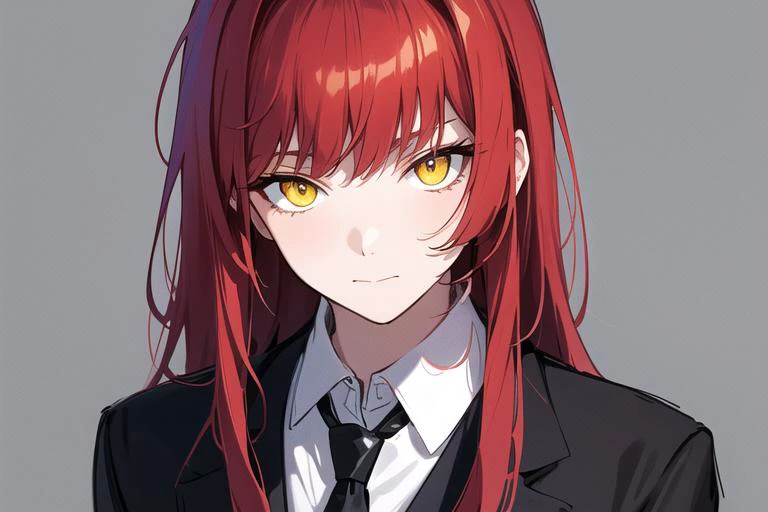 masterpiece, best quality, 1girl, black jacket, black necktie, collared shirt, formal, jacket, long hair, looking at viewer, necktie, yellow eyes, red hair, red theme, ringed eyes, shirt, simple background, solo, suit, white background, white shirt, closed mouth, (masterpiece, exceptional, best aesthetic, best quality, masterpiece, extremely detailed:1.2), <lyco:dinov2-10:0.6>, (sketch:1.1)