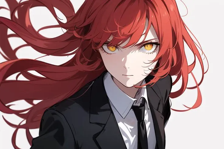 1girl, black jacket, black necktie, collared shirt, formal, jacket, long hair, looking at viewer, necktie, yellow eyes, red hair, red theme, ringed eyes, shirt, simple background, solo, suit, white background, white shirt, closed mouth, (masterpiece, exceptional, best aesthetic, best quality, masterpiece, extremely detailed:1.2), <lyco:dinov2-10:0.6>, (sketch:1.1)